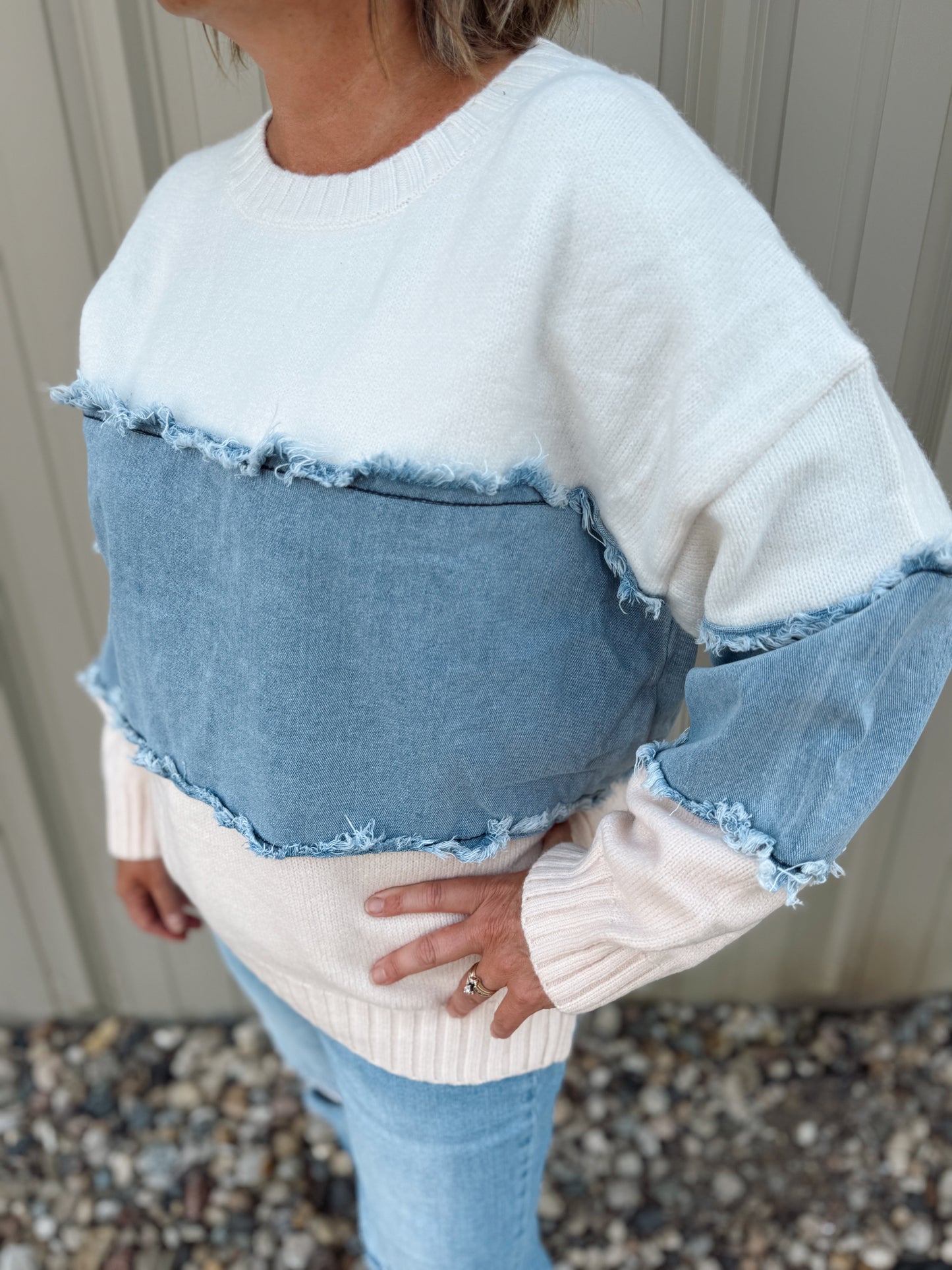 Colorblock Distressed Denim Patchwork Sweater