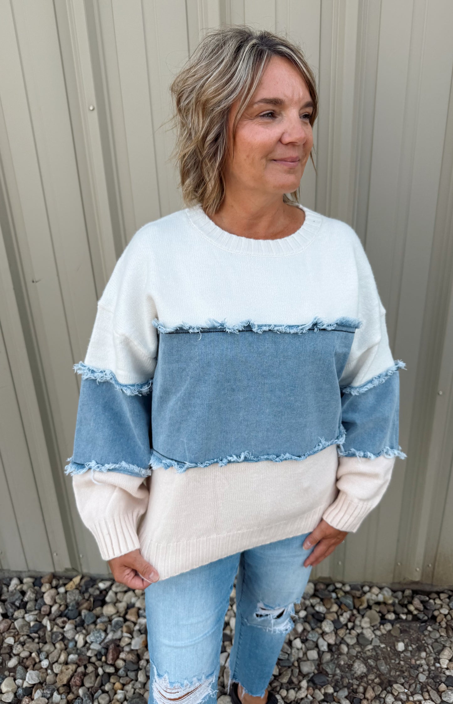 Colorblock Distressed Denim Patchwork Sweater