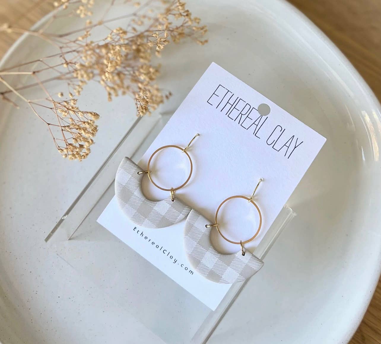 Gingham Check Print Clay Earrings