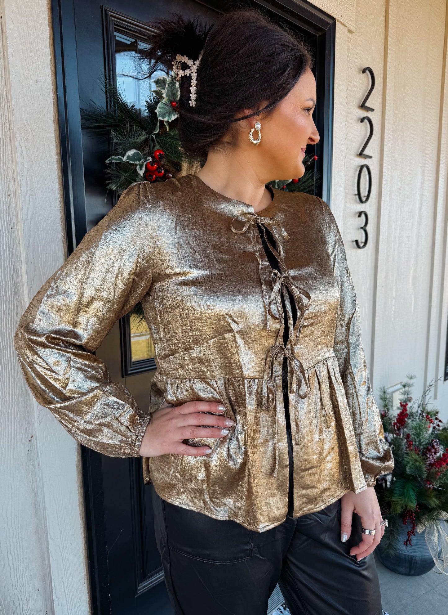 Metallic Tie Front Babydoll Blouse