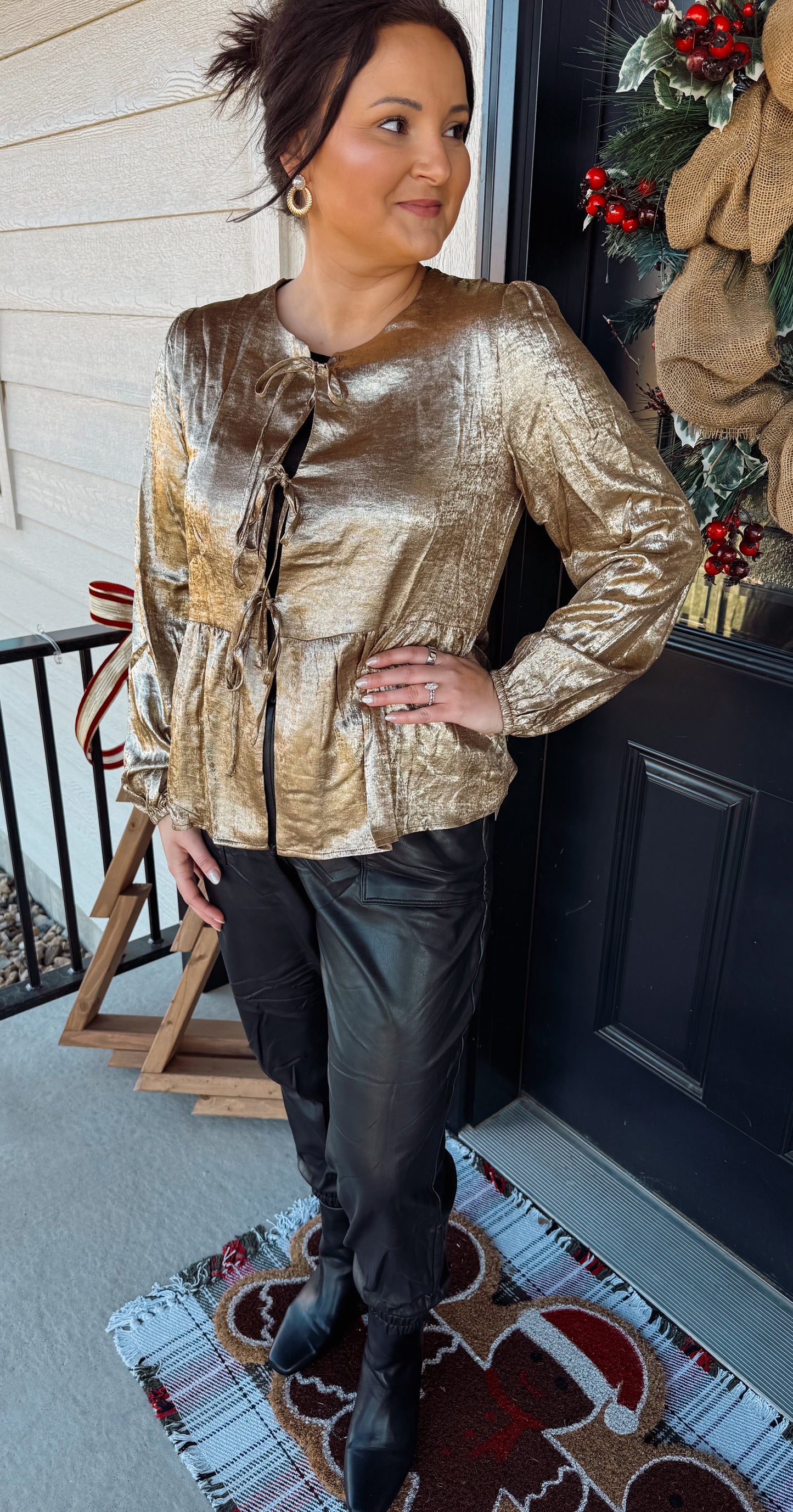 Metallic Tie Front Babydoll Blouse