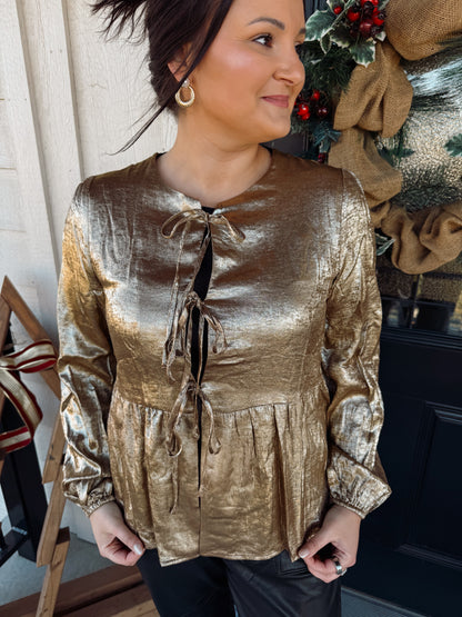 Metallic Tie Front Babydoll Blouse