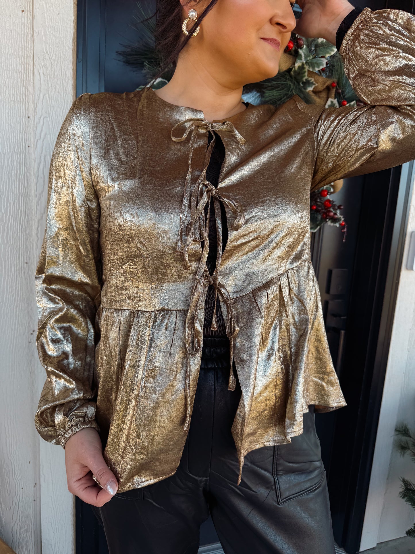 Metallic Tie Front Babydoll Blouse
