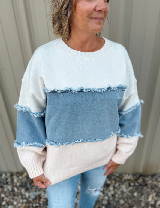 Colorblock Distressed Denim Patchwork Sweater