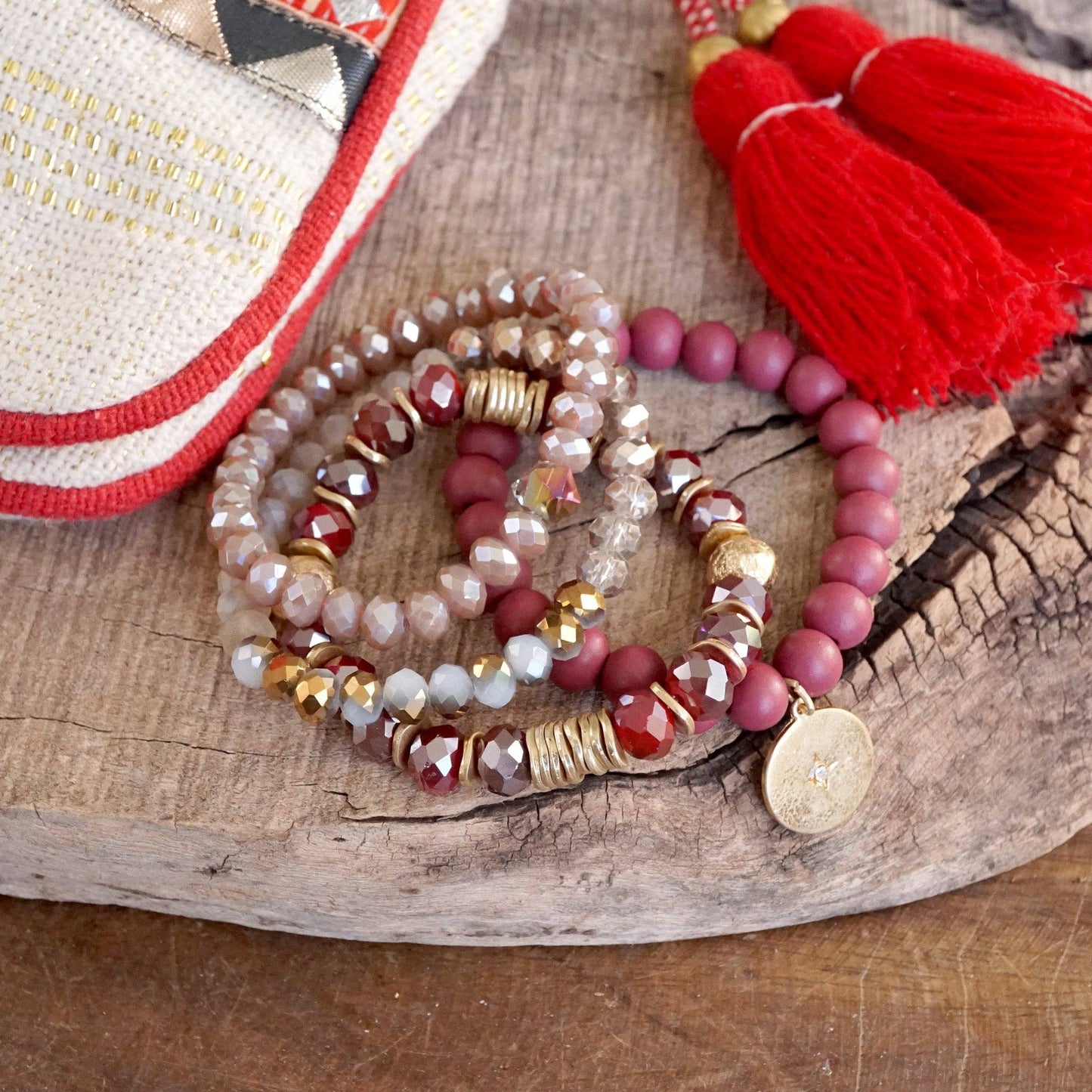 Beaded Bracelet Set in Red Burgundy