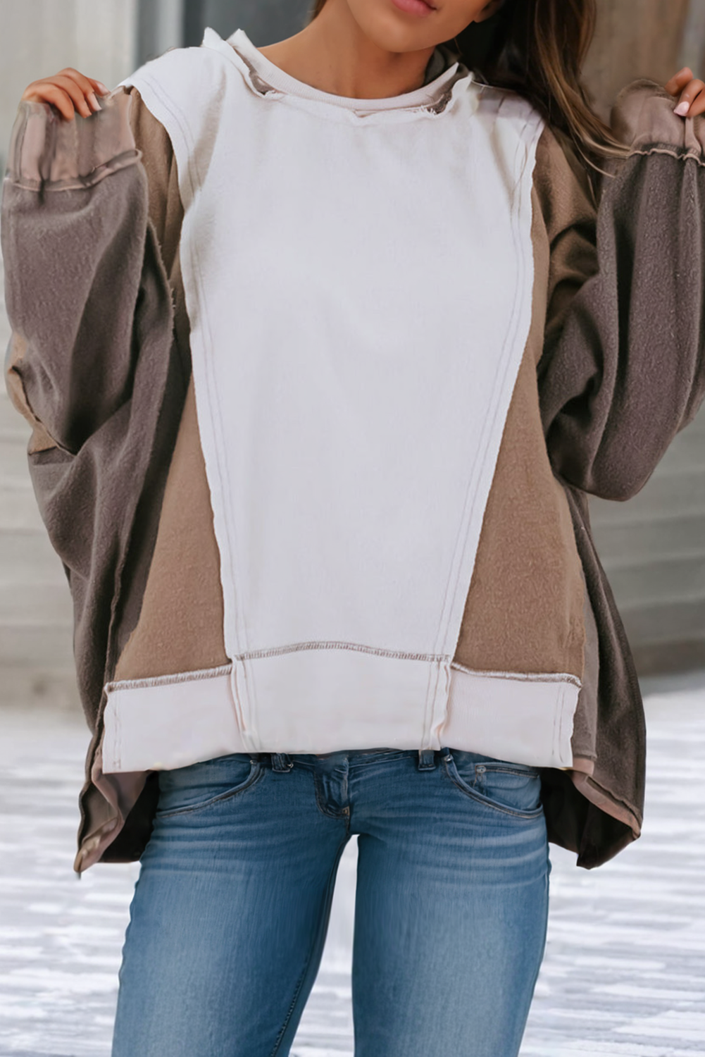 Exposed Seam Patchwork Sweatshirt (Plus Size)